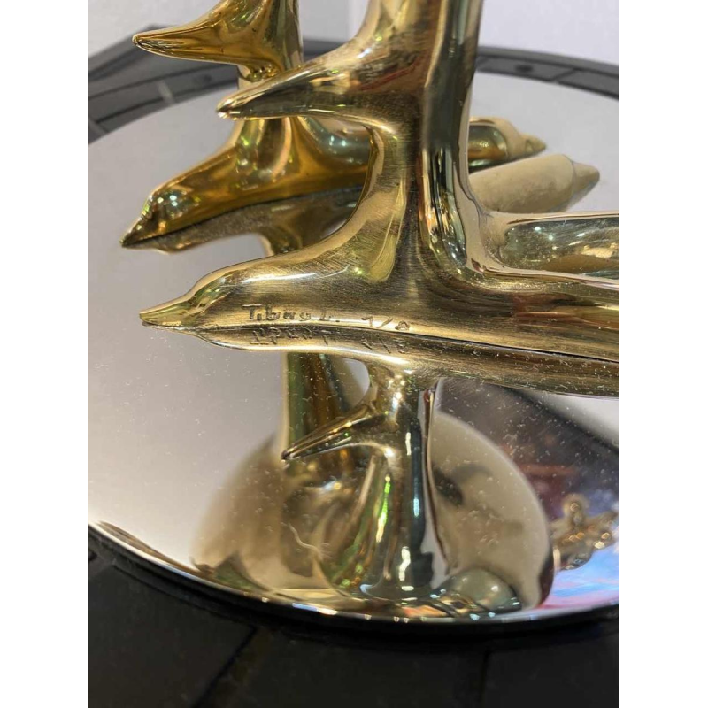 Laszlo Tibay ‘Rooster crowing’ animal sculpture in gilded bronze