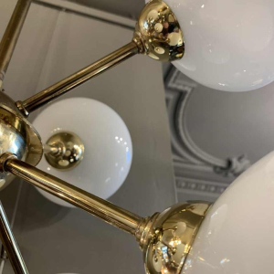 Sputnik Design Chandelier, golden brass, 8 opaline glass ball globes, 1970s