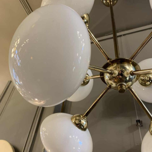 Sputnik Design Chandelier, golden brass, 8 opaline glass ball globes, 1970s