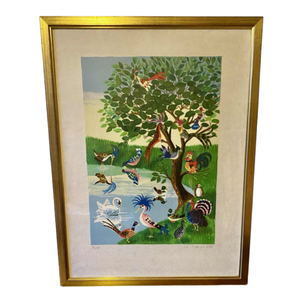 Mady de le Giraudière "Lac aux Oiseaux", Art naïf, lithogravure numérotée 74/195