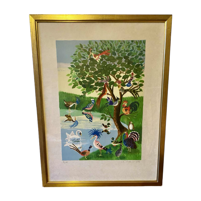 Mady de le Giraudière "Lac aux Oiseaux", Art naïf, lithogravure numérotée 74/195