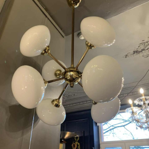 Sputnik Design Chandelier, golden brass, 8 opaline glass ball globes, 1970s
