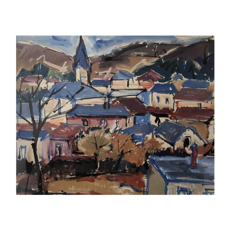 A. Pierard "Beauraing" peinture paysage, gouache sur papier