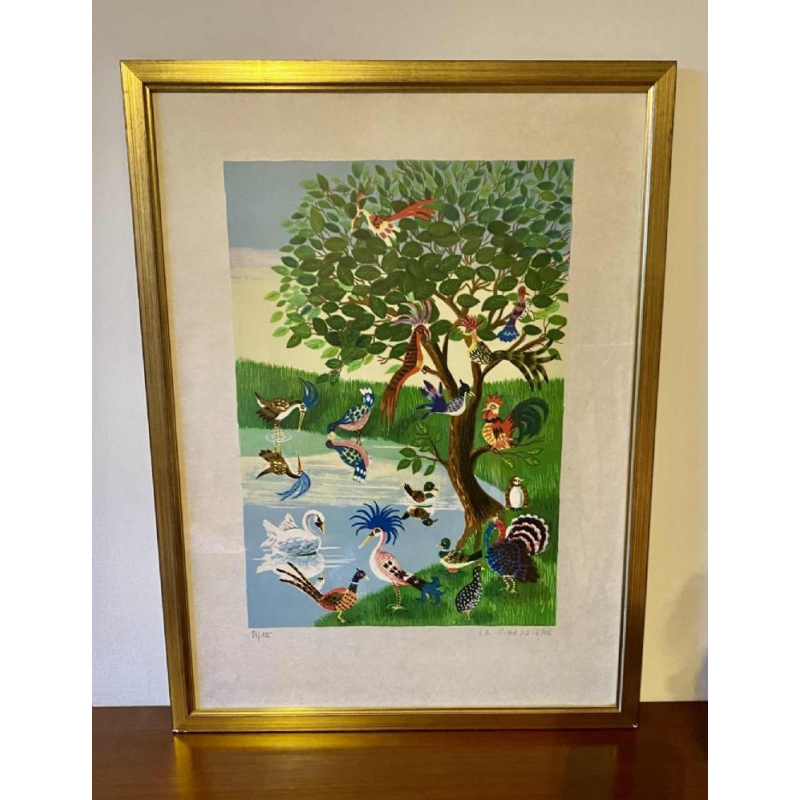 Mady de le Giraudière "Lac aux Oiseaux", Art naïf, lithogravure numérotée 74/195