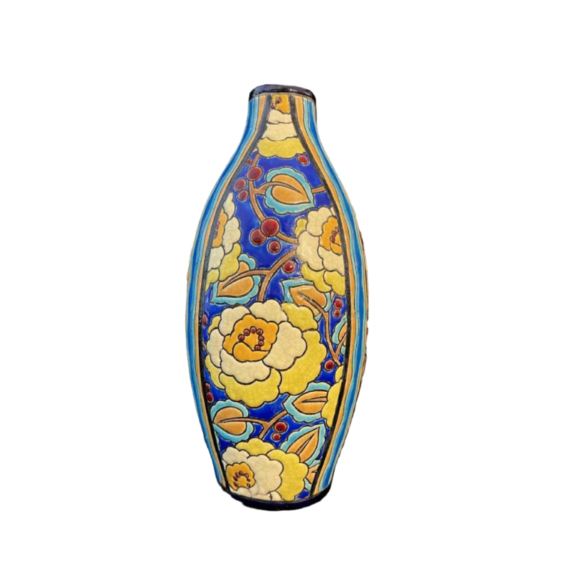 Boch frères La Louvière Kéramis, cloisonné enamelled Art Deco ovoid earthenware vase, D2813 ca 1930