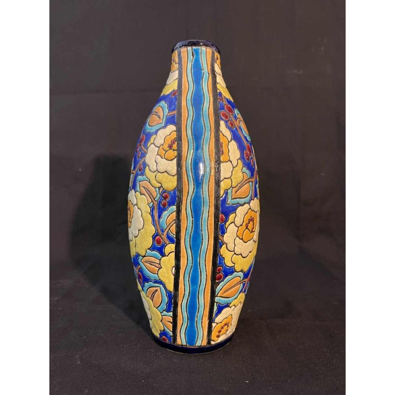 Boch frères La Louvière Kéramis, cloisonné enamelled Art Deco ovoid earthenware vase, D2813 ca 1930