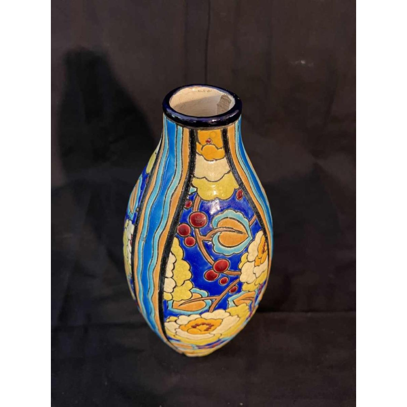 Boch frères La Louvière Kéramis, cloisonné enamelled Art Deco ovoid earthenware vase, D2813 ca 1930