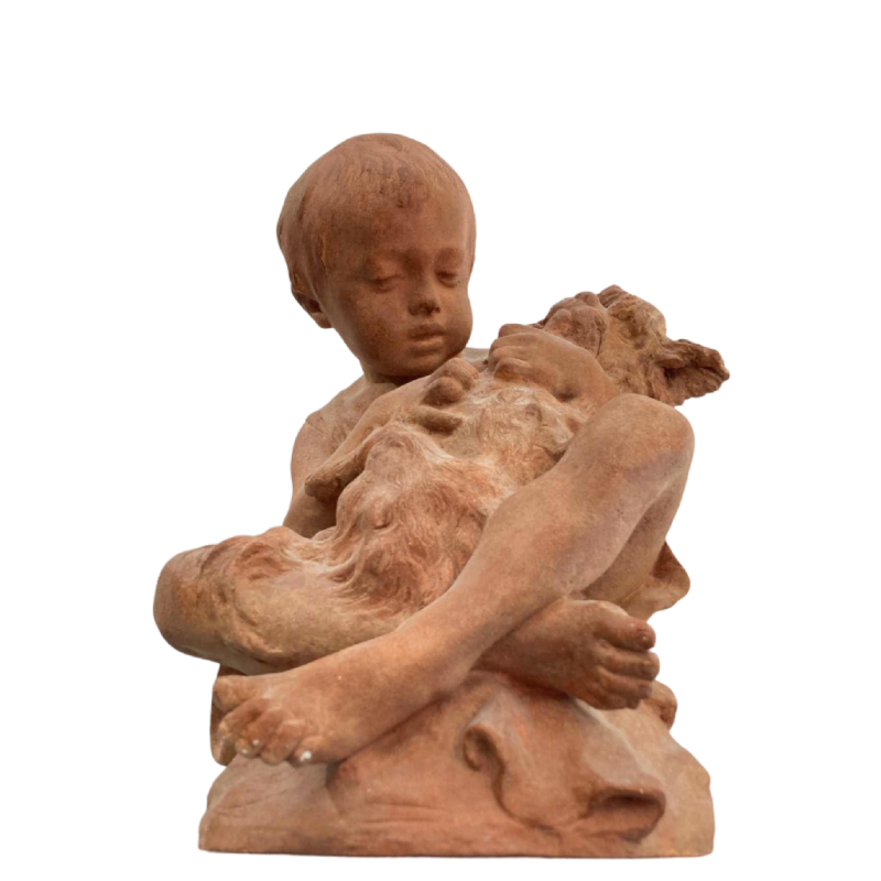 Namur Émilie Jean Fe. 'Enfant avec chien' sculpture en terre cuite 1877
