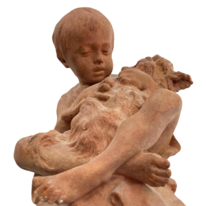 Namur Émilie Jean Fe. 'Child with dog' terracotta sculpture 1877