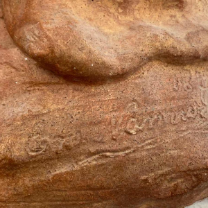 Namen Émilie Jean Fe. Beeldhouwwerk van terracotta 'Kind met hond' 1877