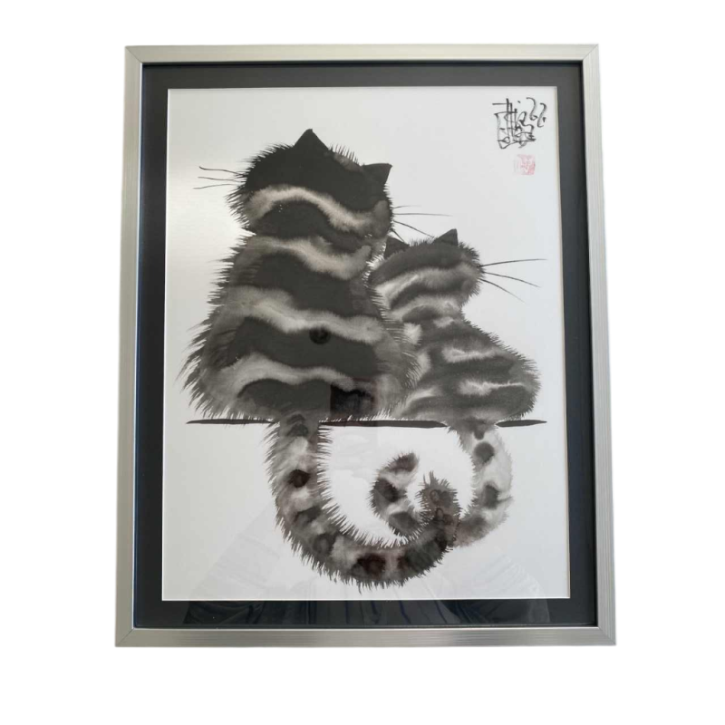 Laszlo TIBAY 'Katten' originele tekening, Oost-Indische inkt op vellum lompenpapier, 1962