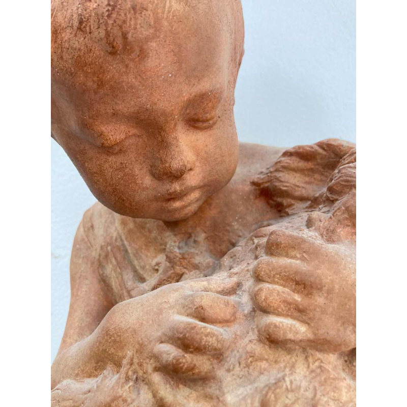 Namen Émilie Jean Fe. Beeldhouwwerk van terracotta 'Kind met hond' 1877