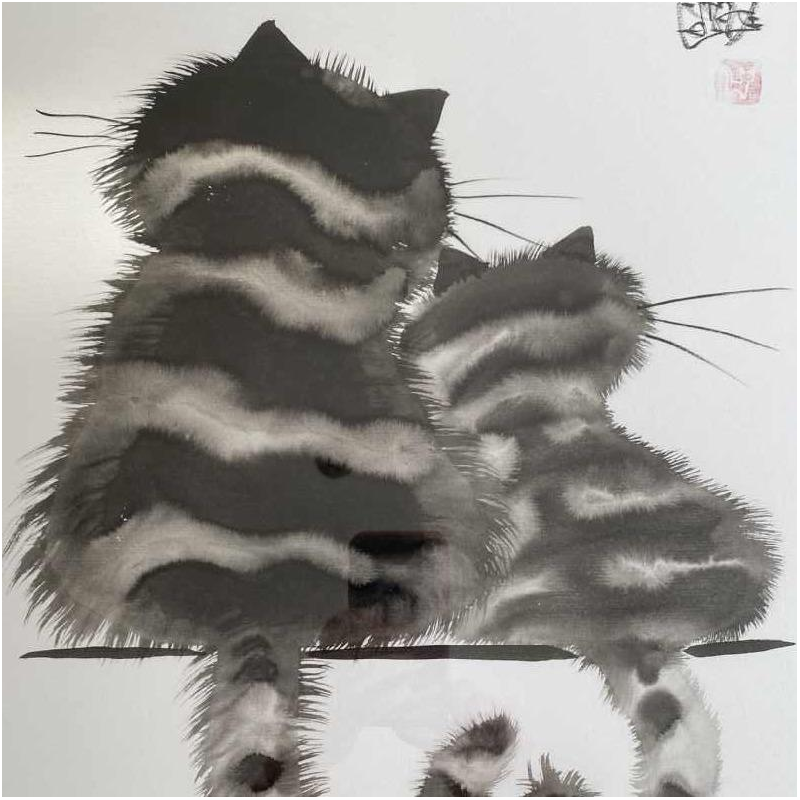 Laszlo TIBAY 'Katten' originele tekening, Oost-Indische inkt op vellum lompenpapier, 1962