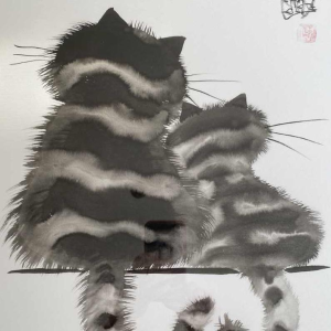 Laszlo TIBAY 'Cats' original drawing, Indian ink on vellum ragpaper, 1962