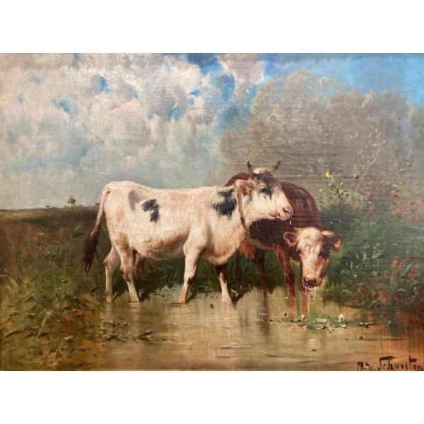Schouten Henry, painting "cows at the river" oil on canvas, late 19th century