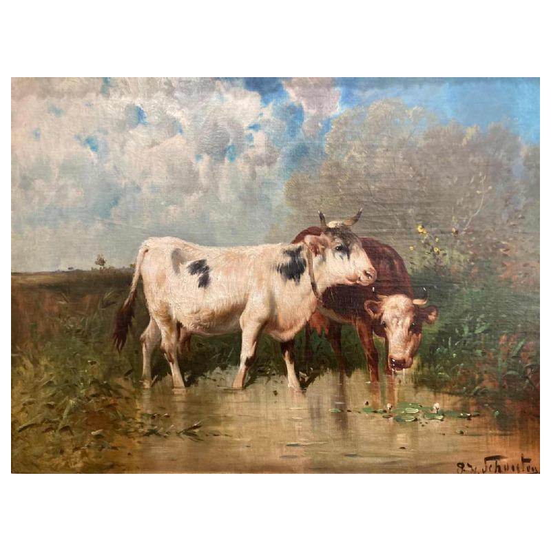 Schouten Henry, tableau "vaches à la rivière" huile sur toile, fin 19ème siècle