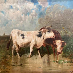 Schouten Henry, painting "cows at the river" oil on canvas, late 19th century