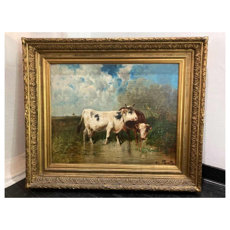 Schouten Henry, painting "cows at the river" oil on canvas, late 19th century