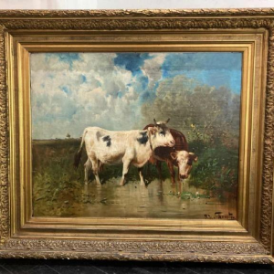 Schouten Henry, painting "cows at the river" oil on canvas, late 19th century