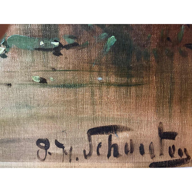 Schouten Henry, schilderij "koeien bij de rivier" olieverf op doek, eind 19e eeuw