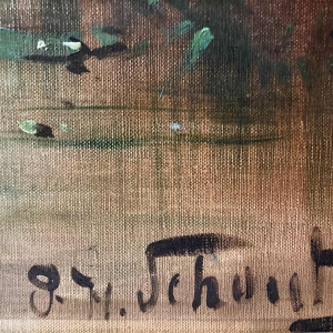 Schouten Henry, schilderij "koeien bij de rivier" olieverf op doek, eind 19e eeuw