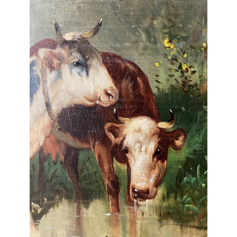 Schouten Henry, tableau "vaches à la rivière" huile sur toile, fin 19ème siècle