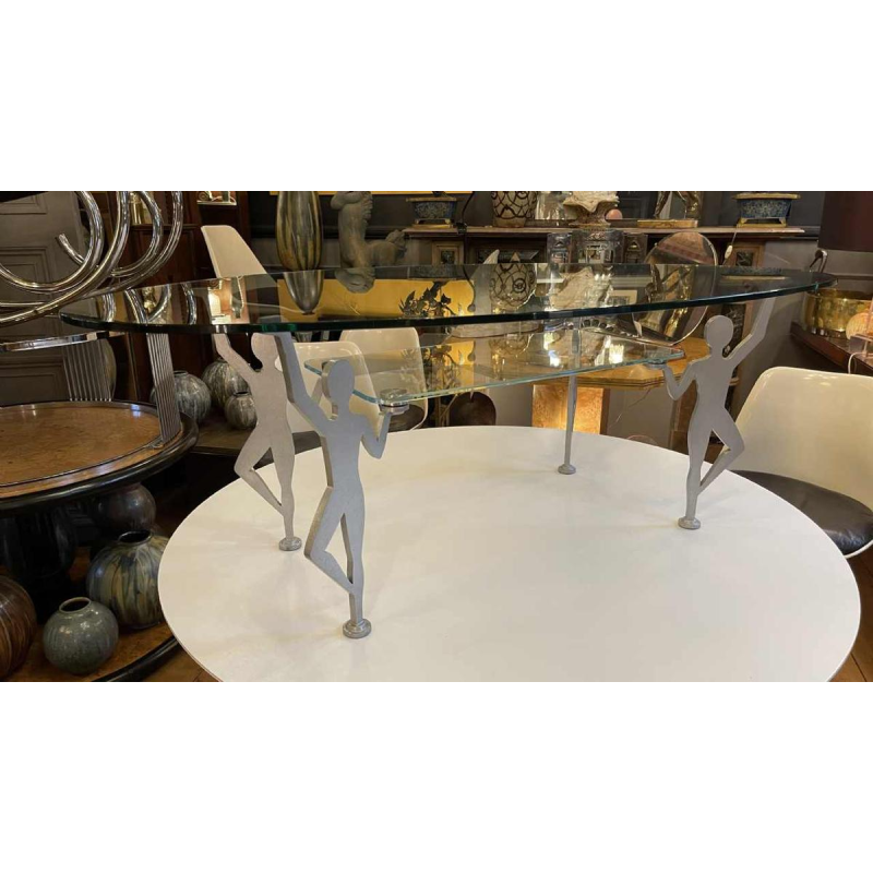 Antropomorfe Memphis Salontafel "Characters" Gelakt metaal en glas, ca 1980