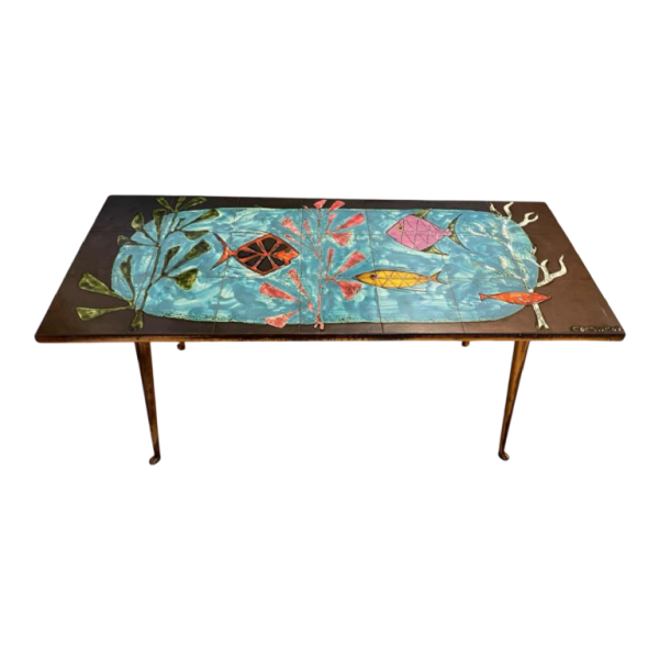 C. de Savigny ' Vissen ' salontafel, gekleurde keramische tegels, ca 1950