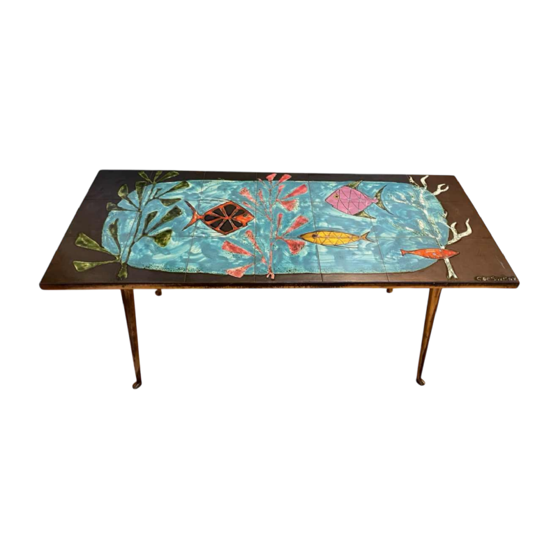 C. de Savigny, table basse / de salon aux poissons, carreaux de céramique colorés, ca 1950