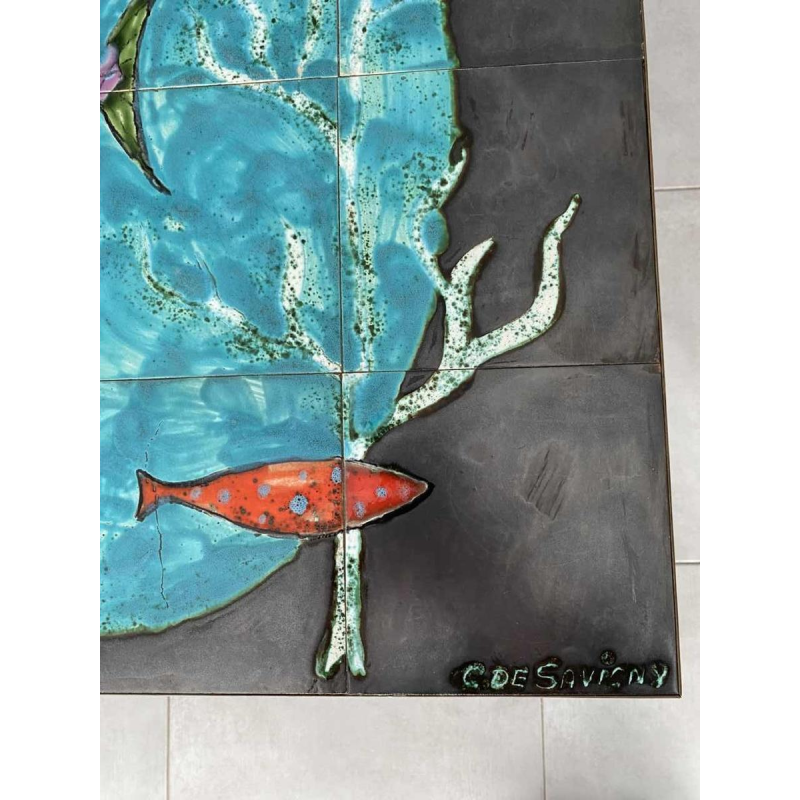C. de Savigny, table basse / de salon aux poissons, carreaux de céramique colorés, ca 1950