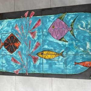 C. de Savigny ' Fish ' coffee table, coloured ceramic tiles, ca 1950