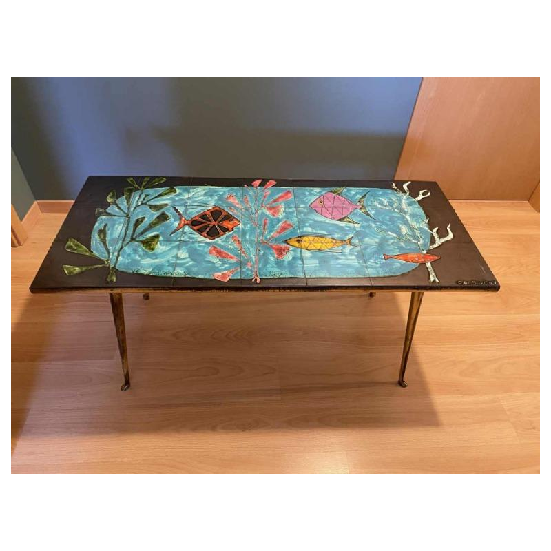 C. de Savigny ' Vissen ' salontafel, gekleurde keramische tegels, ca 1950