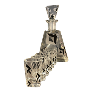 Karl Palda, Art Deco crystal liqueur service set, cubist decor, ca 1930