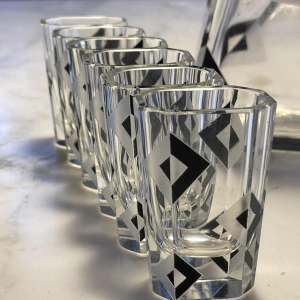 Karl Palda, Art Deco crystal liqueur service set, cubist decor, ca 1930