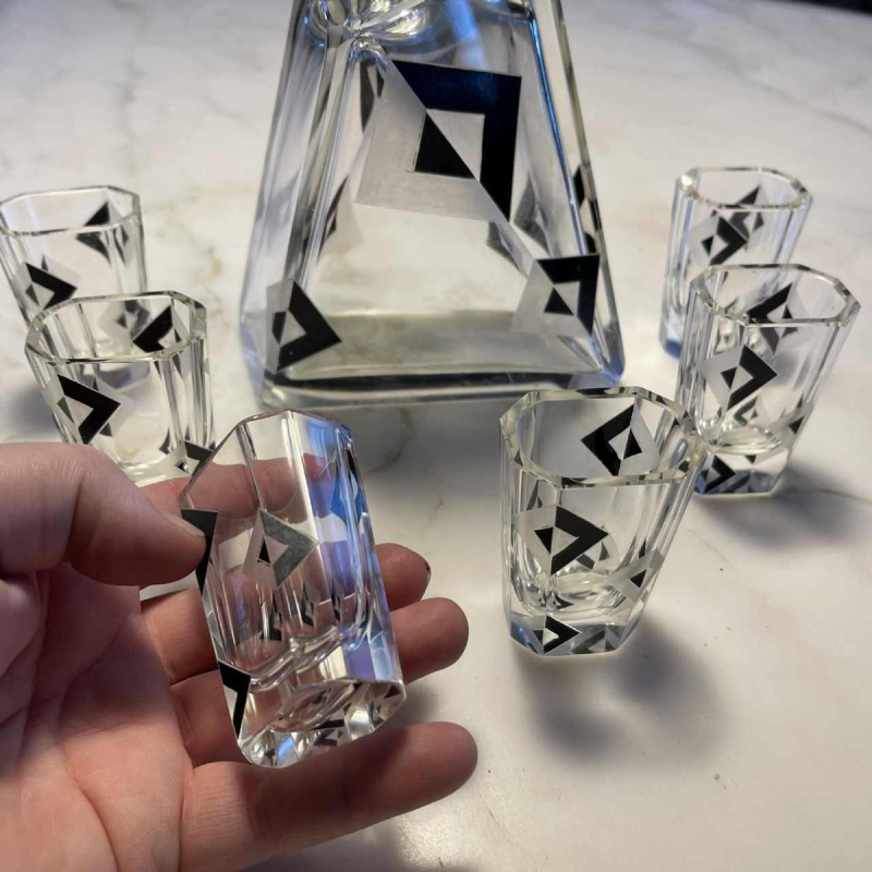 Karl Palda, Art Deco crystal liqueur service set, cubist decor, ca 1930