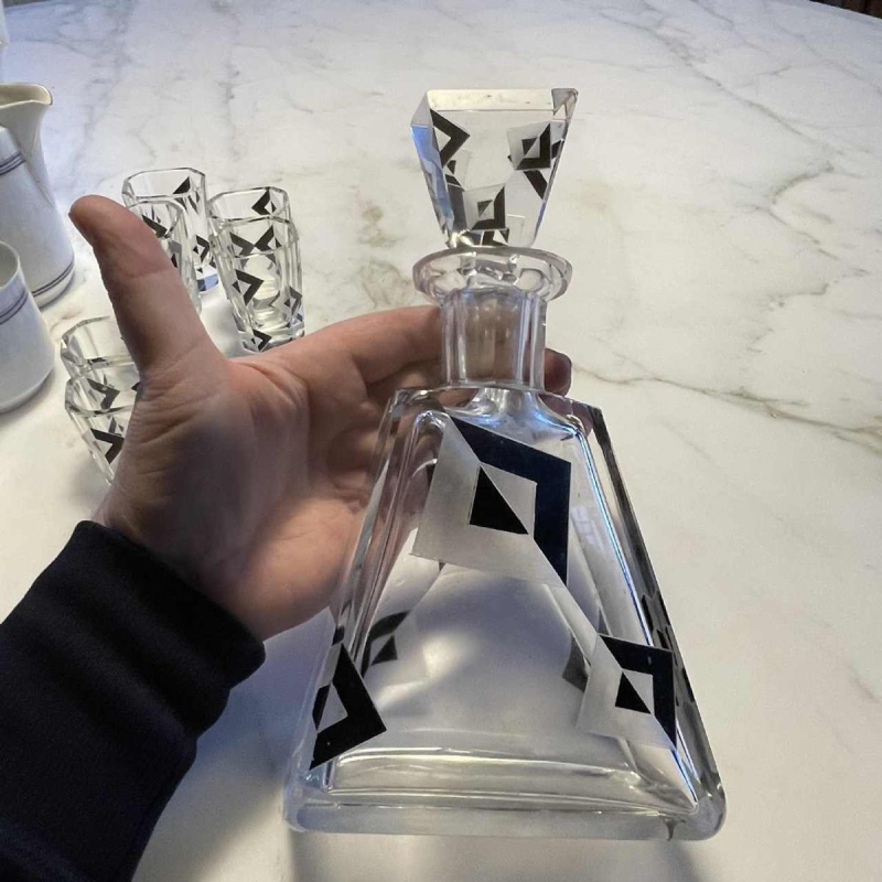 Karl Palda, Art Deco kristallen likeur servies set, kubistisch decor, ca 1930