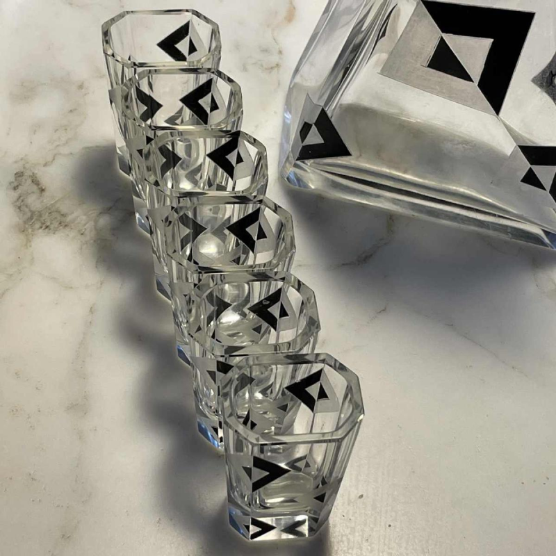 Karl Palda, Art Deco crystal liqueur service set, cubist decor, ca 1930