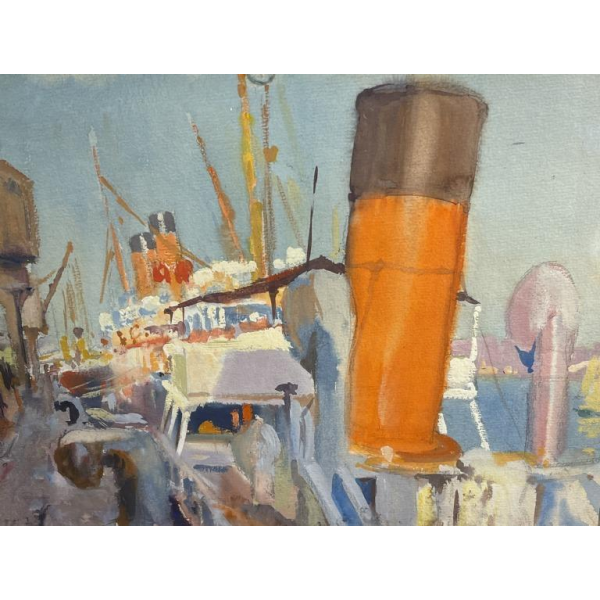 JULES VAN DE LEENE, Tableau Marine " Paquebot a` quai " Gouache sur carton 1920s