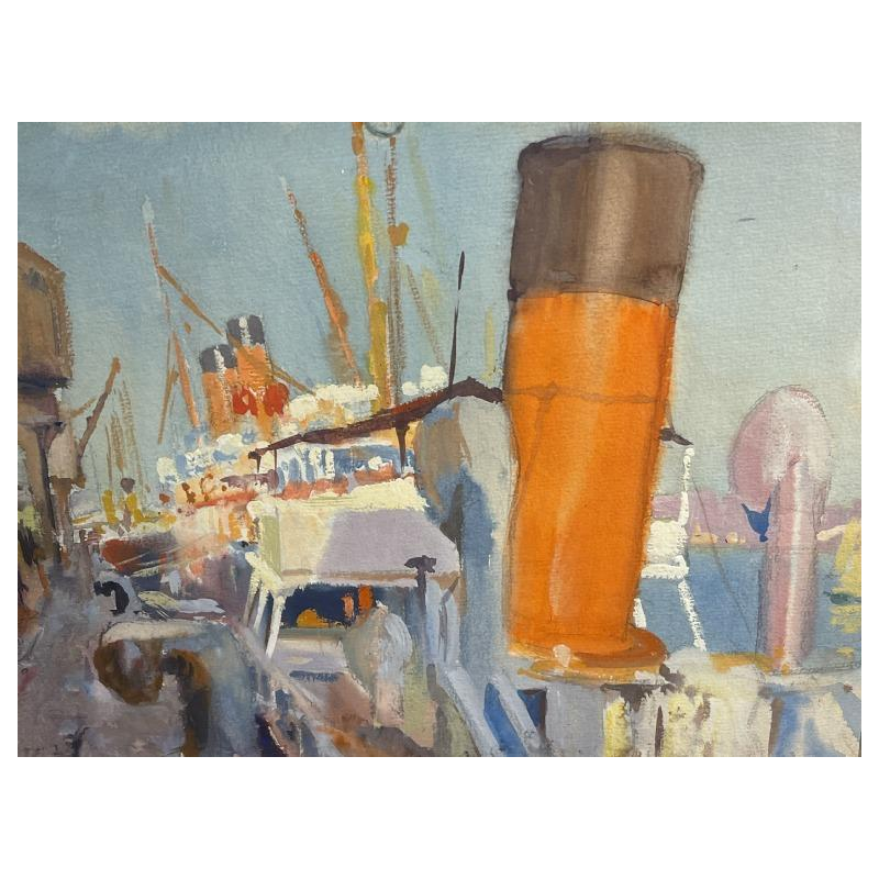 JULES VAN DE LEENE, Tableau Marine " Paquebot a` quai " Gouache sur carton 1920s