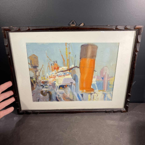 JULES VAN DE LEENE, Maritiem Schilderij "Haven oceaanstomer" Gouache karton 1920