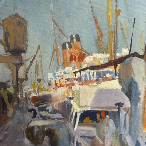 JULES VAN DE LEENE, Painting Marine " Liner at Dock " Gouache on board 1920s