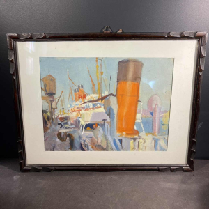 JULES VAN DE LEENE, Maritiem Schilderij "Haven oceaanstomer" Gouache karton 1920
