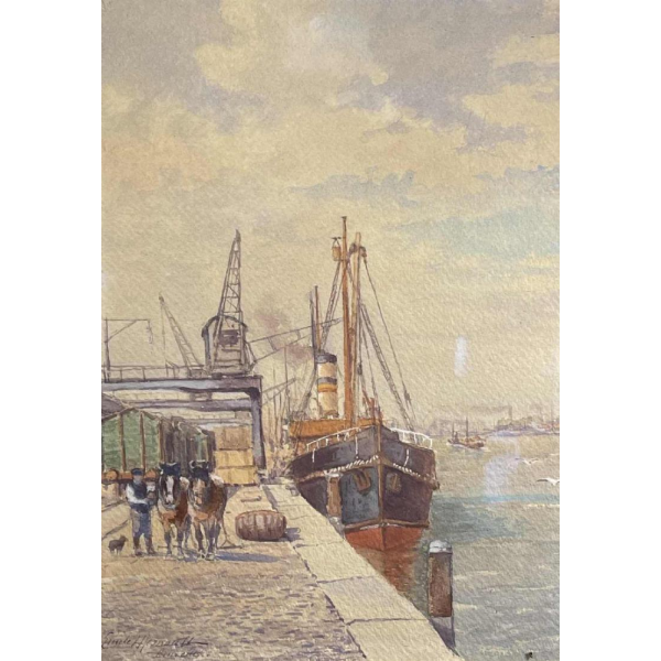 Emile Lhernault "Quai à Bruxelles" Aquarel schilderij Marine Halage, ca 1910