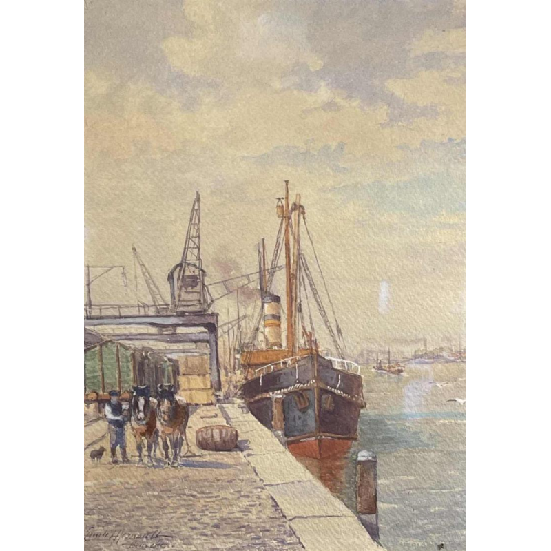 Emile Lhernault "Quai a` Bruxelles" Tableau Aquarelle Marine Halage, ca 1910