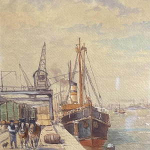 Emile Lhernault "Quai a` Bruxelles" Tableau Aquarelle Marine Halage, ca 1910