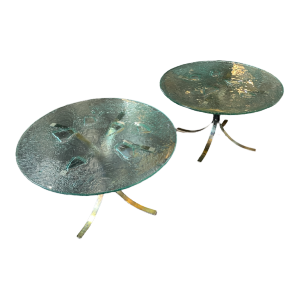 Pair of round coffee tables, Brutalist art glass, ca 1970/80