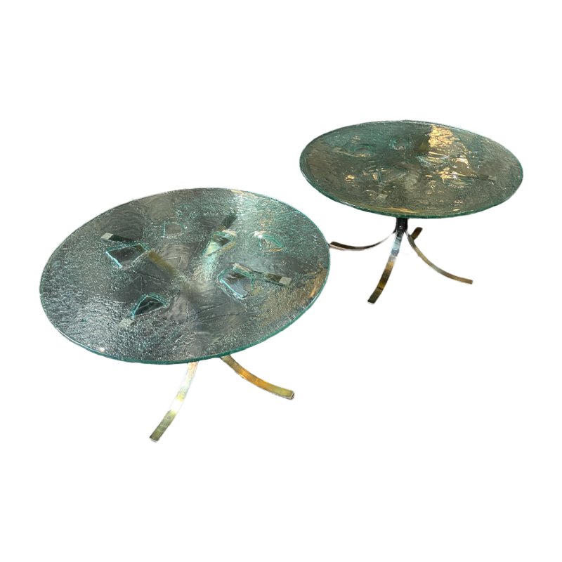 Paire de tables basses rondes, verre artistique brutaliste, ca 1970/80
