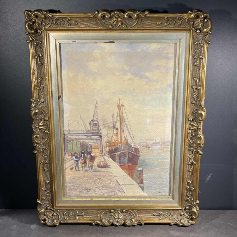 Emile Lhernault "Quai à Bruxelles" Watercolour painting Marine Halage, ca 1910