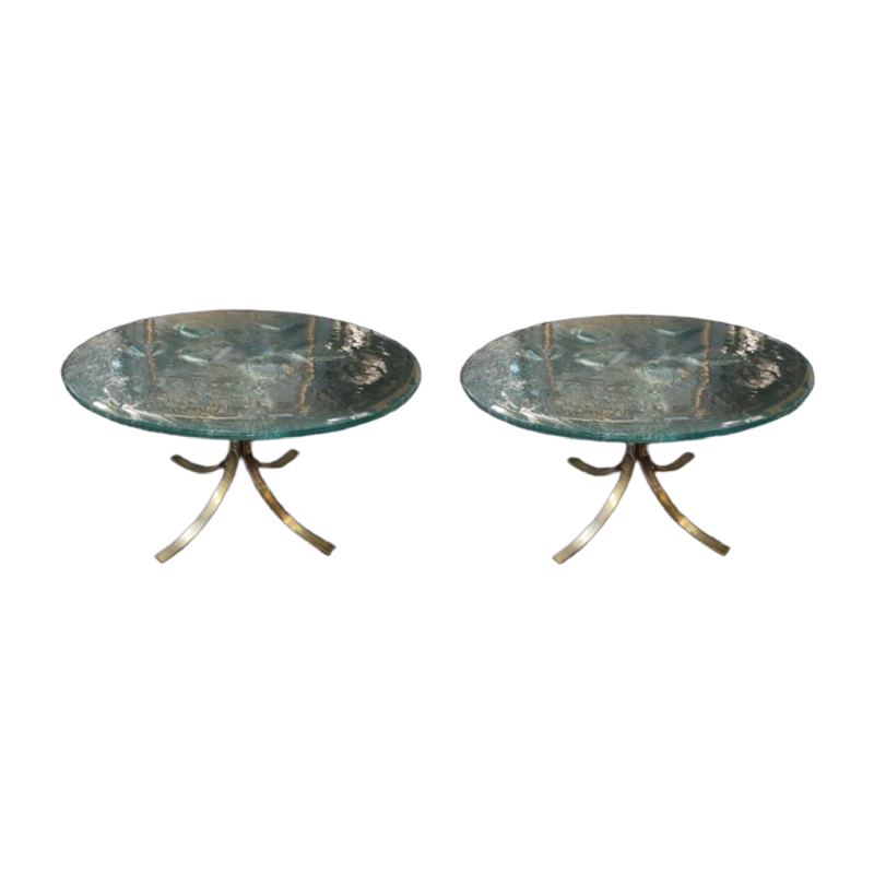 Paire de tables basses rondes, verre artistique brutaliste, ca 1970/80