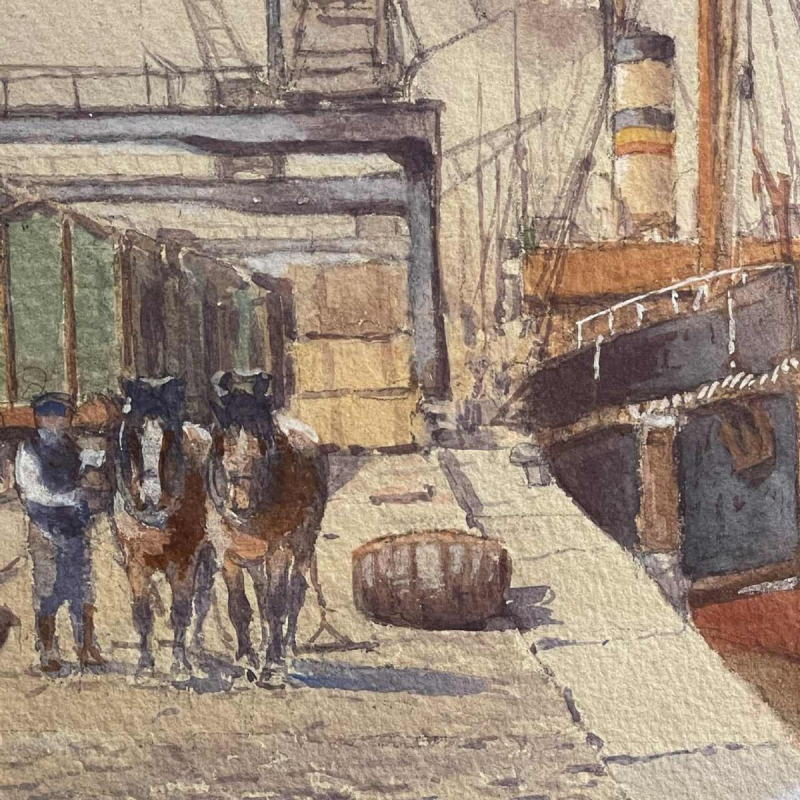 Emile Lhernault "Quai à Bruxelles" Watercolour painting Marine Halage, ca 1910